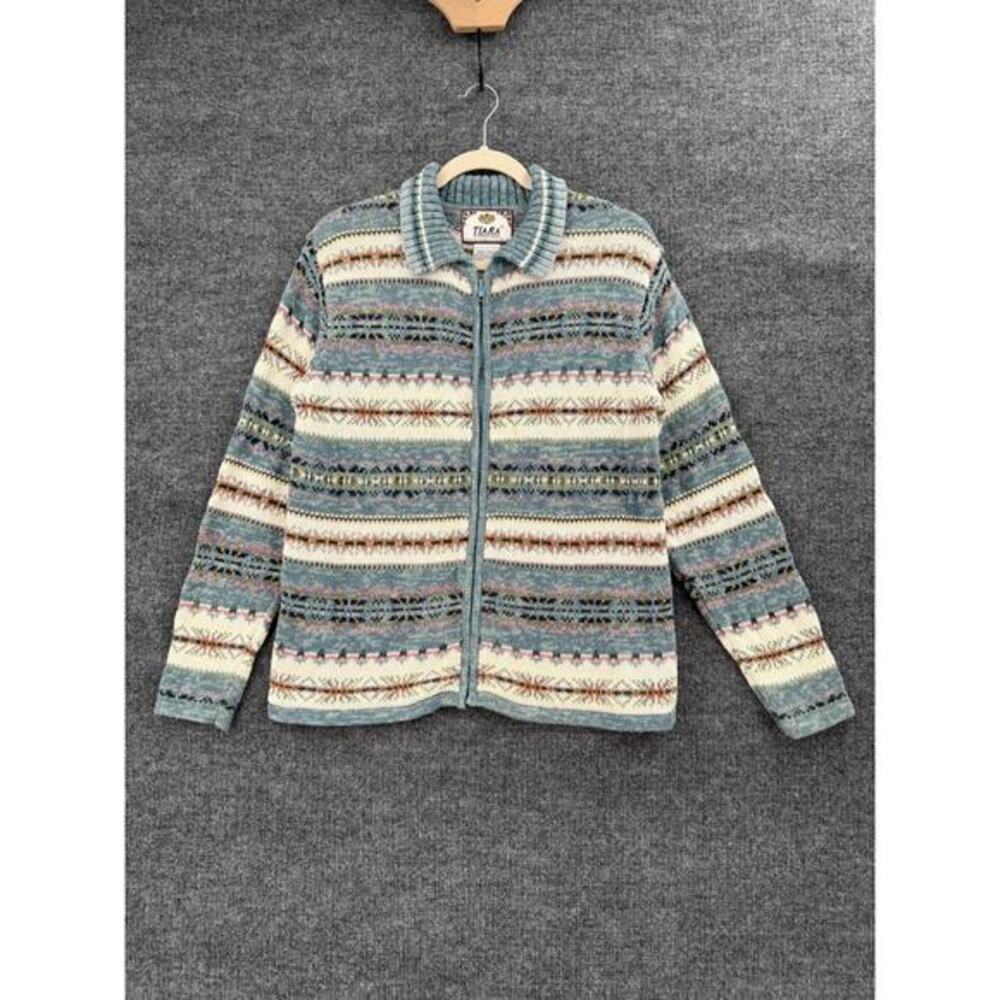 Vtg Tiara International Womens Fair Isle Cardigan Sweater Sz M Full Zip Cottage